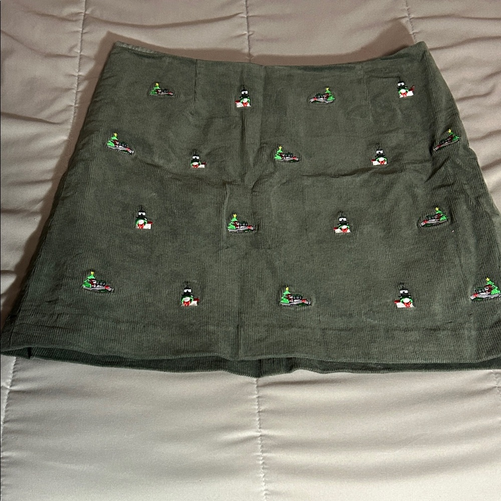 Castaway Ali Olive Corduroy Mini Skirt with Embroidered Santa Boat & Lighthouse